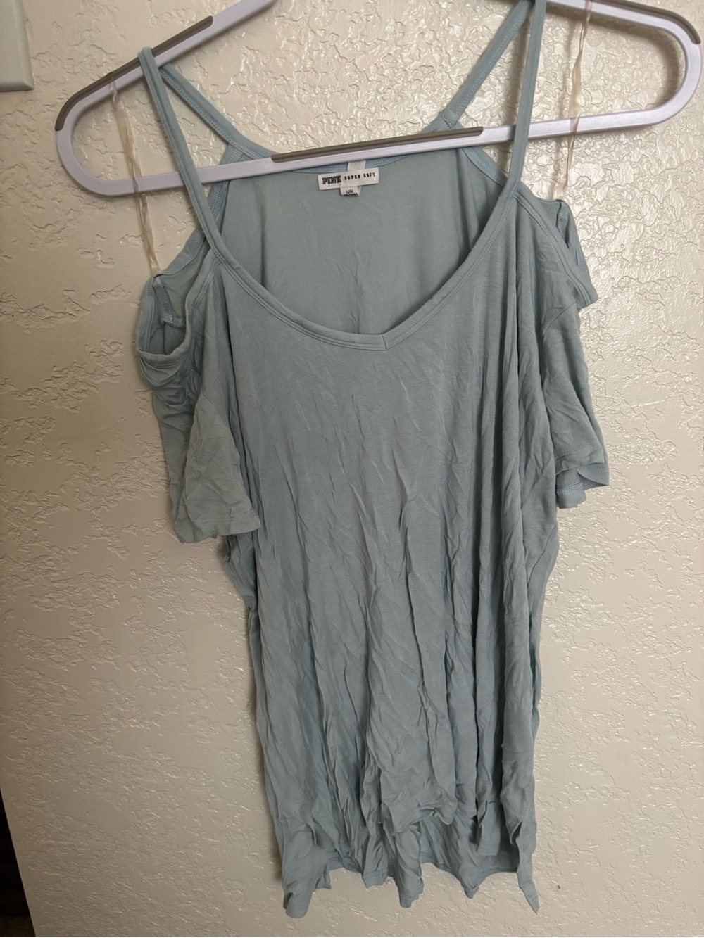PINK Victoria's Secret Light Blue Cold-Shoulder V-Neck Shirt